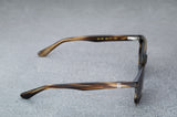 dark brown glasses with dark gray lenses, open, facing right showing the frames.